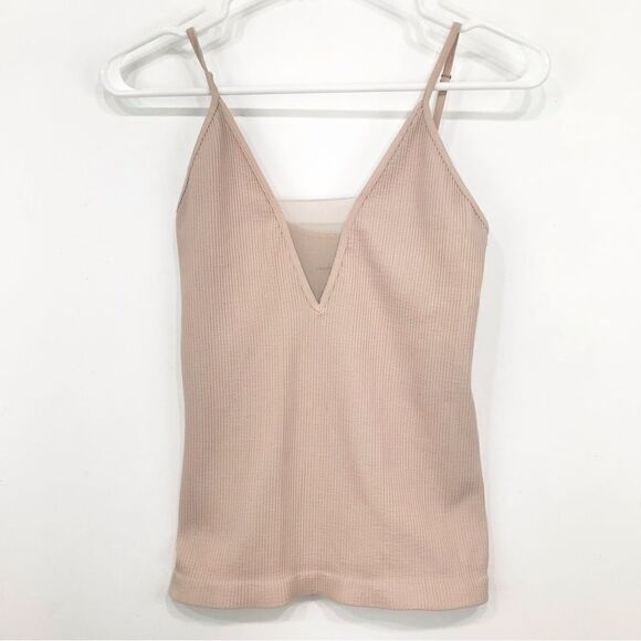 Free People Neutral Tan Mesh Front Ribbed Stretch Tank Top - Picture 1 of 9